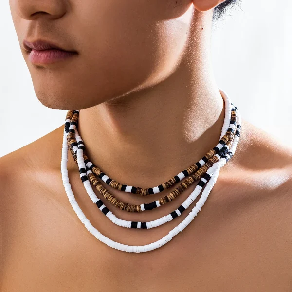 KunJoe-Collier de perles en bois naturel pour homme, argile douce, rétro, africain, surf, tribal, bijoux de fête, cadeau, ensemble de 4 pièces – Image 3