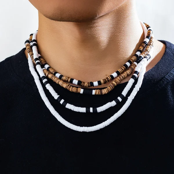 KunJoe-Collier de perles en bois naturel pour homme, argile douce, rétro, africain, surf, tribal, bijoux de fête, cadeau, ensemble de 4 pièces