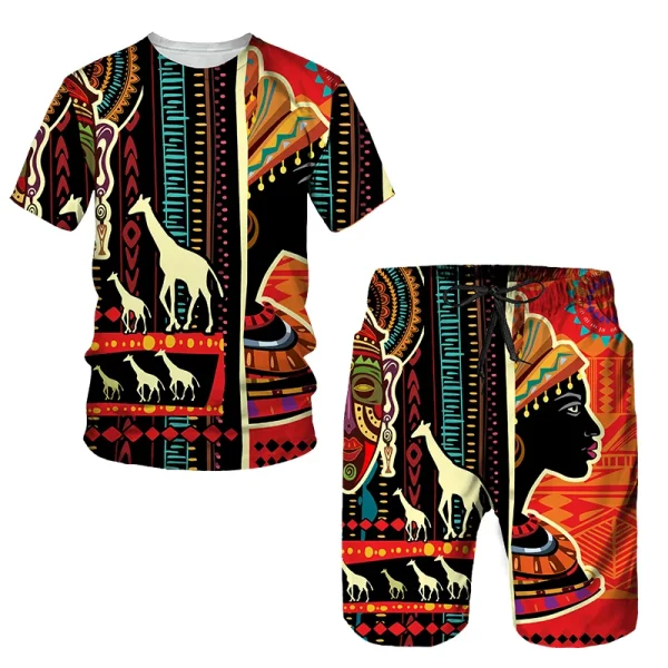 Tenues africaines pour hommes, vêtements africains pour hommes, ensemble de survêtement 2 pièces, style ethnique, chemises Dashiki, t-shirt à manches courtes, short – Image 3