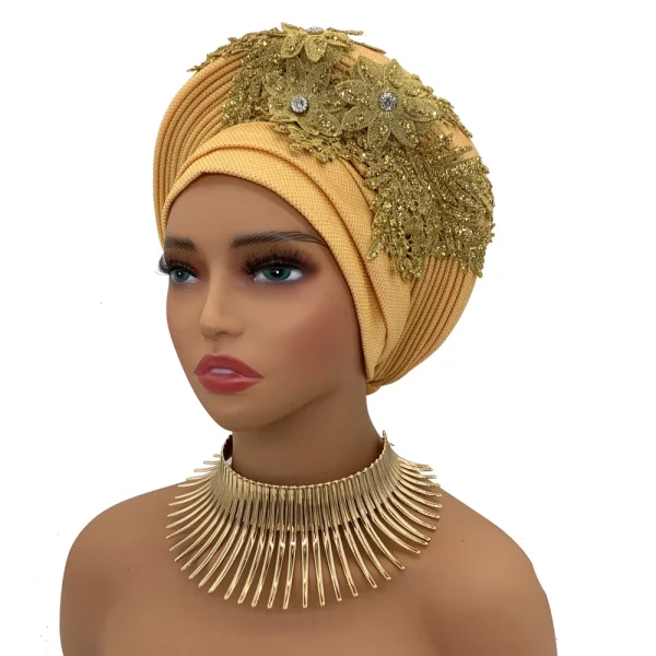 Turban Africain Élégant avec Cravate en Dentelle Brodée pour Femme – Image 3
