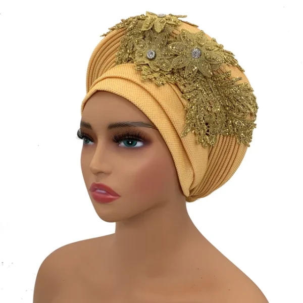 Turban Africain Élégant avec Cravate en Dentelle Brodée pour Femme – Image 8