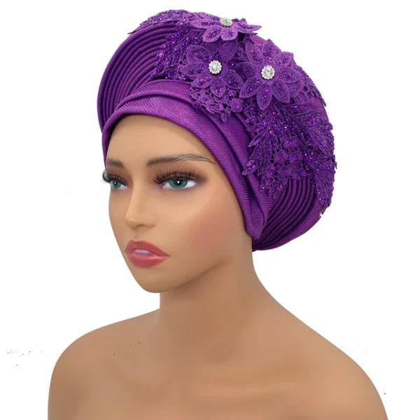 Turban Africain Élégant avec Cravate en Dentelle Brodée pour Femme – Image 17