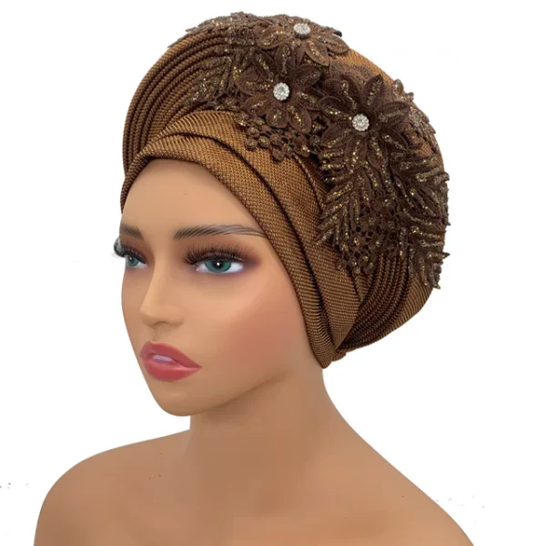 Turban Africain Élégant avec Cravate en Dentelle Brodée pour Femme – Image 18