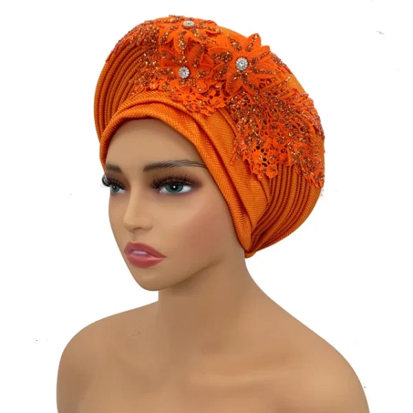 Turban Africain Élégant avec Cravate en Dentelle Brodée pour Femme – Image 19