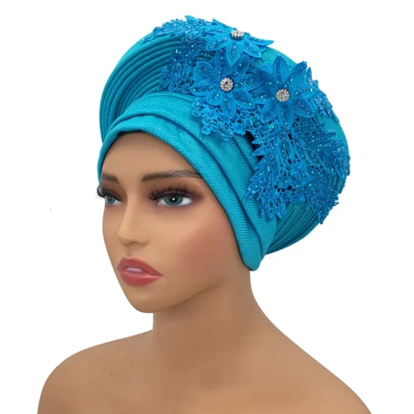 Turban Africain Élégant avec Cravate en Dentelle Brodée pour Femme – Image 20