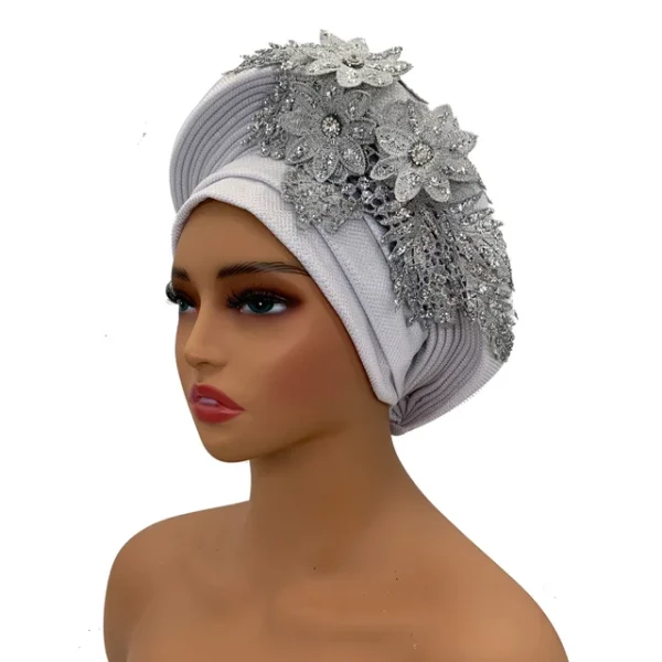 Turban Africain Élégant avec Cravate en Dentelle Brodée pour Femme – Image 9