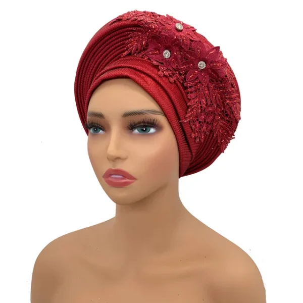 Turban Africain Élégant avec Cravate en Dentelle Brodée pour Femme – Image 11