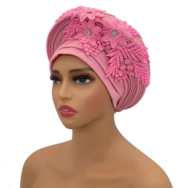Turban Africain Élégant avec Cravate en Dentelle Brodée pour Femme – Image 12