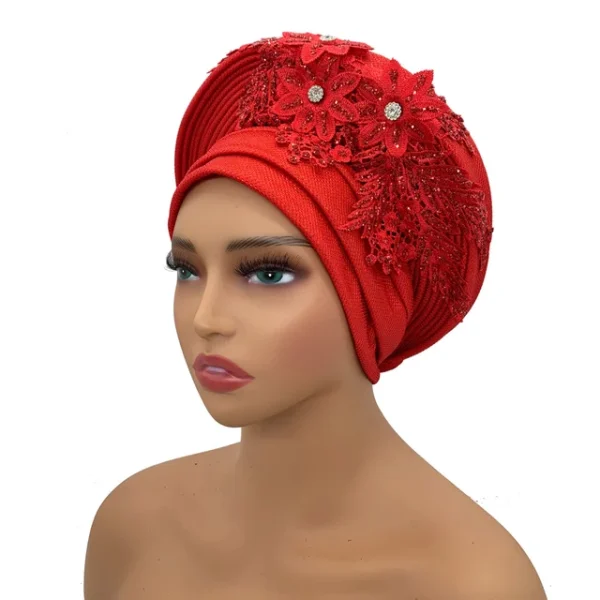 Turban Africain Élégant avec Cravate en Dentelle Brodée pour Femme – Image 13