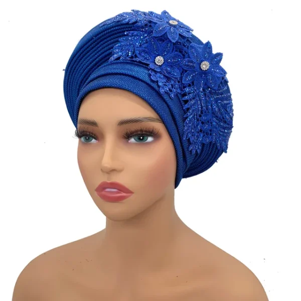 Turban Africain Élégant avec Cravate en Dentelle Brodée pour Femme – Image 14