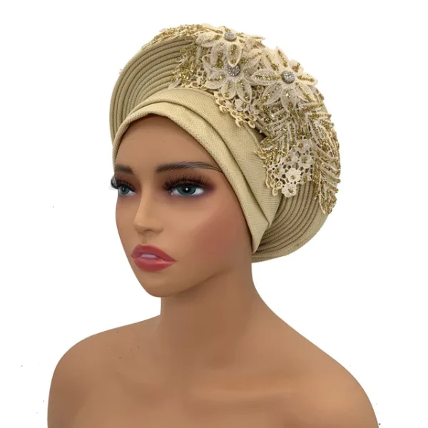 Turban Africain Élégant avec Cravate en Dentelle Brodée pour Femme – Image 15