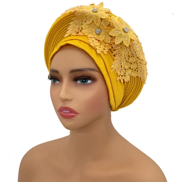Turban Africain Élégant avec Cravate en Dentelle Brodée pour Femme – Image 16